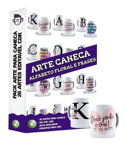 26 Artes Para Caneca Alfabeto Floral Frases Editável Em Cdr