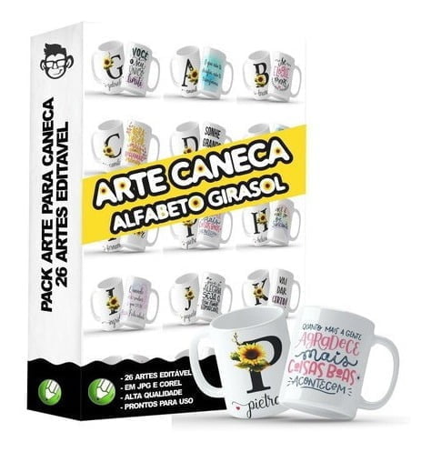 26 Artes Para Caneca Alfabeto Girassol Editável Em Corel