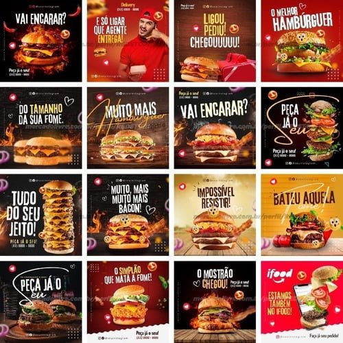 36 Artes Mídias Sociais Hamburgueria Editável Canva