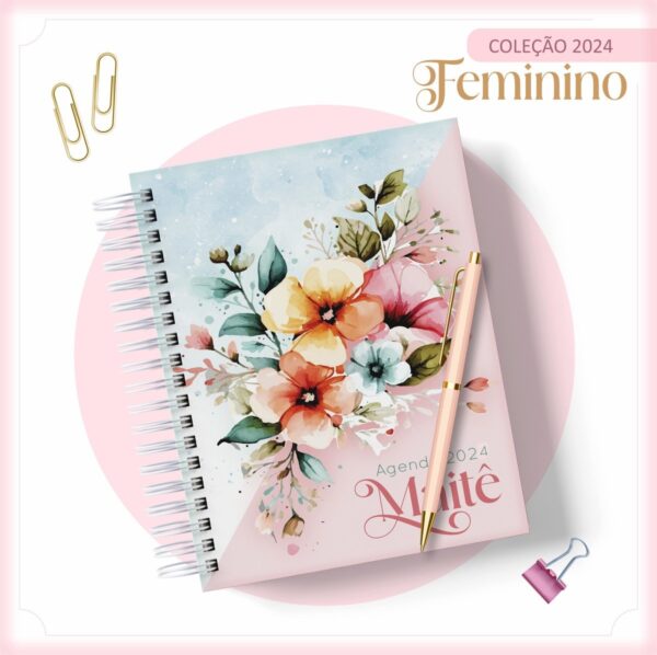 agenda 2024 floral e rosa arquivo digital papelaria personalizada