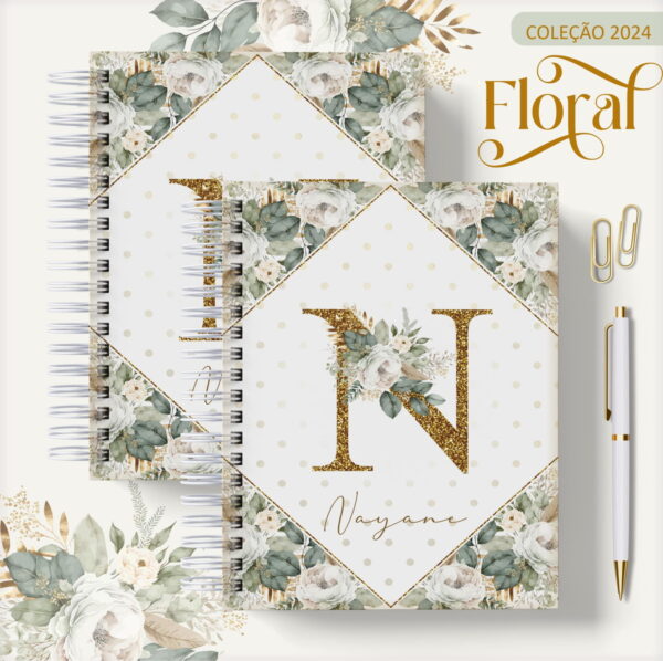 agenda 2024 floral verde arquivo digital papel e scrapbook