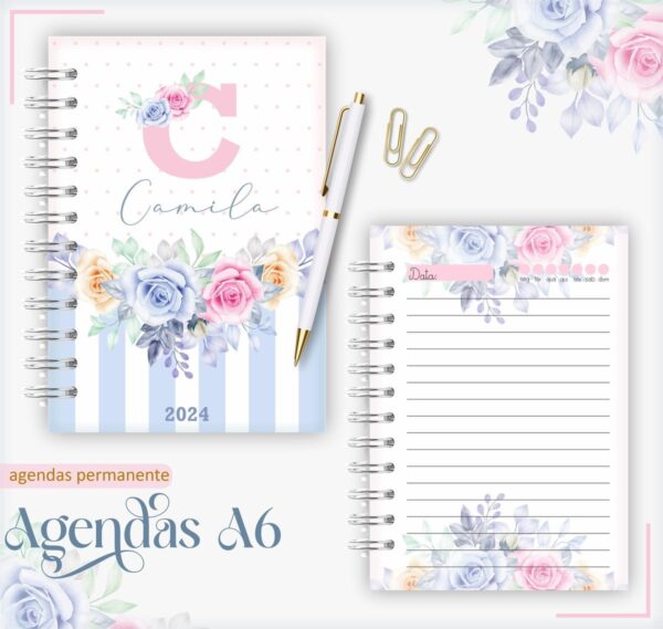 agenda a6 floral rosa com azul arquivo digital papel e cia