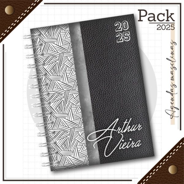 agenda masculina couro preto 2025 arquivo digital papelaria personalizada 1