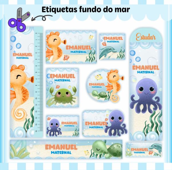 Arquivo de Corte Etiqueta Escolar Fundo do Mar Menino