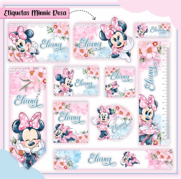 Arquivo de Corte Etiqueta Escolar Minnie Rosa
