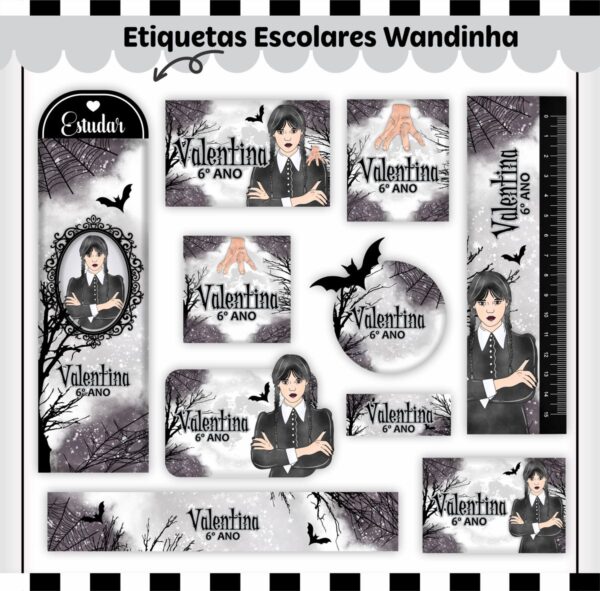 Arquivo de Corte Etiqueta Escolar Wandinha