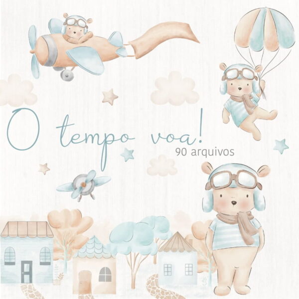 Arquivo Digital Ursinho Aviador Aquarelado Ilustrações Png