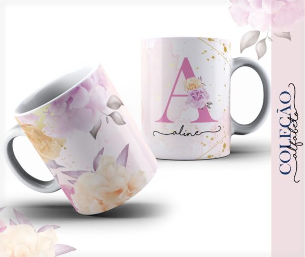 arte caneca alfabeto floral rosa arquivo digital papelaria digital
