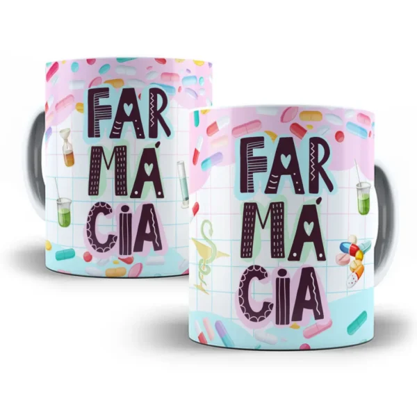 Arte Caneca Profissão Farmácia com Ilustrações Coloridas