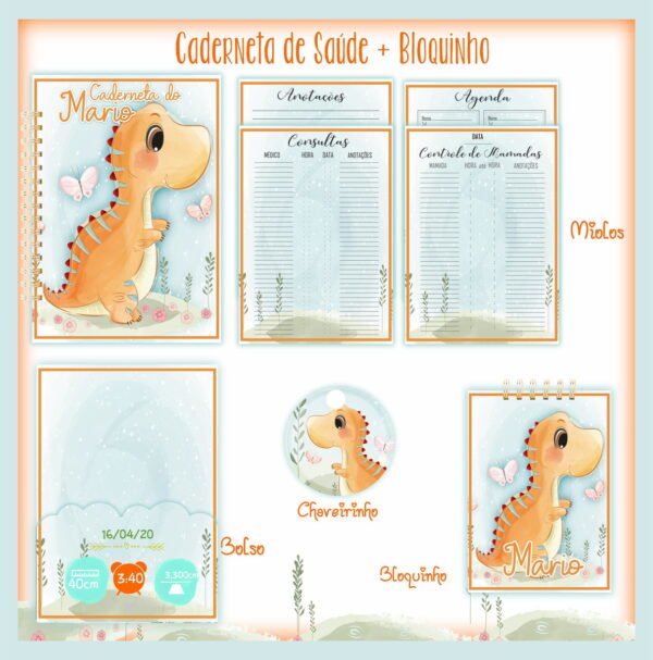 caderneta de saude bloquinho dino menino arquivo digital infantil