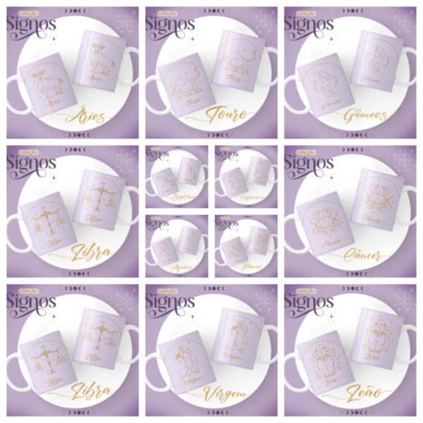 canecas signos lilas arquivo digital papelaria personalizada