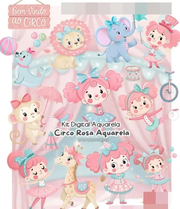 Circo Rosa em Aquarela: Pacote Digital Completo em PNG