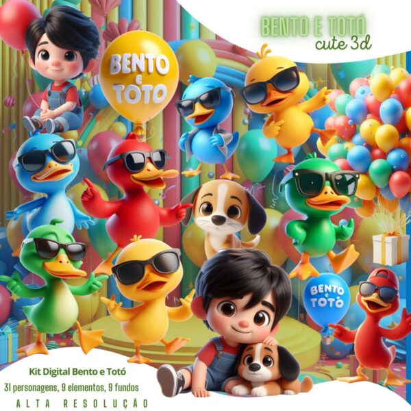 Cliparts Bento e Totó 3D Cute Ilustrações Fofas Amigos Bebês