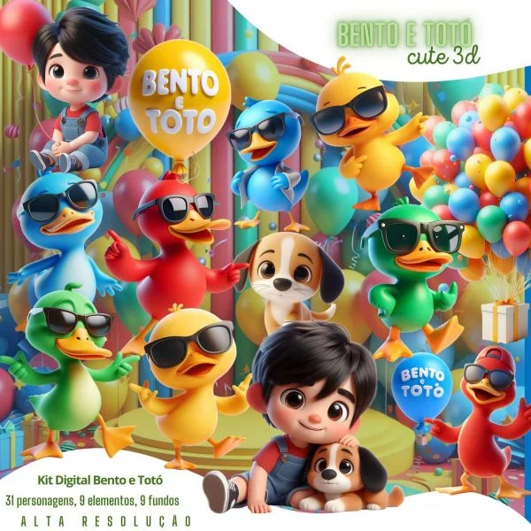 Cliparts Bento e Totó 3D Cute Ilustrações Fofas Amigos Bebês