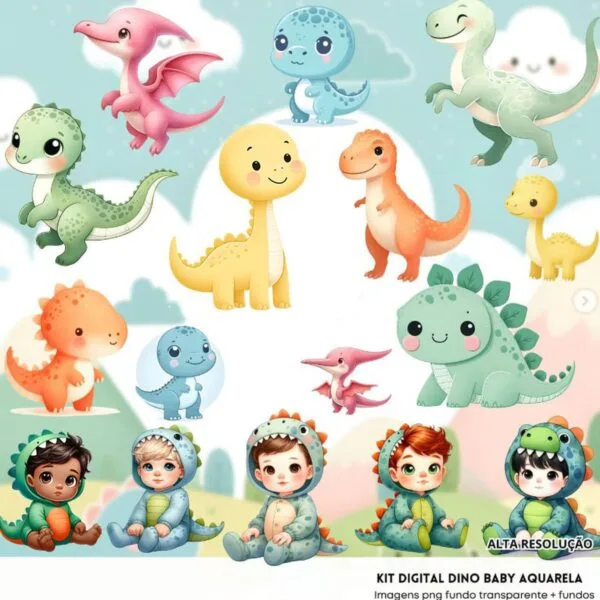 Cliparts Dino Baby Aquarela Png Imagens Baby 3D Cute Bebês