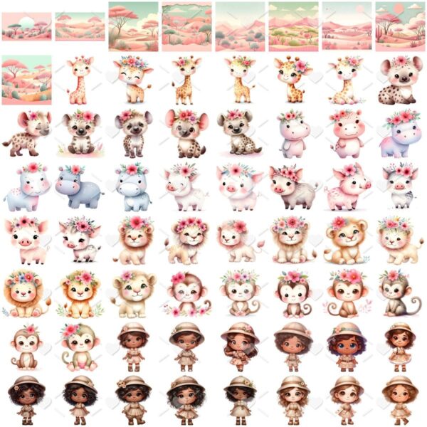 Cliparts Safari Rosa Aquarela Imagens Png 3D Cute Baby