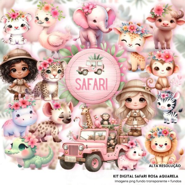 Cliparts Safari Rosa Aquarela Imagens Png 3D Cute Baby