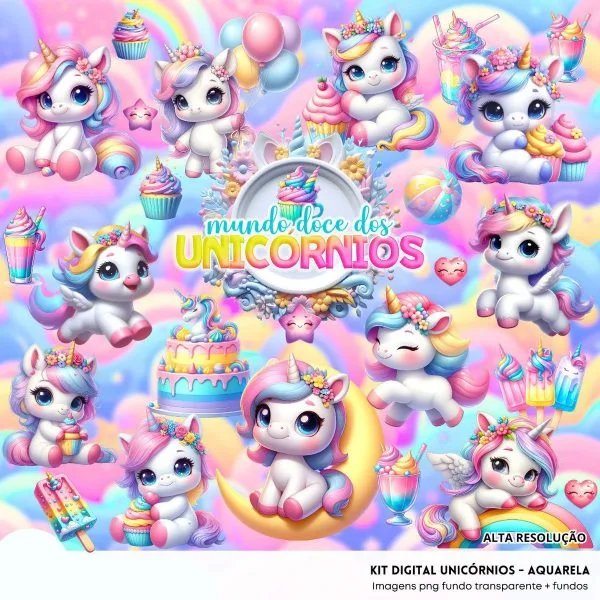Cliparts Unicórnios Aquarela Png Imagens Baby 3D Cute Bebês