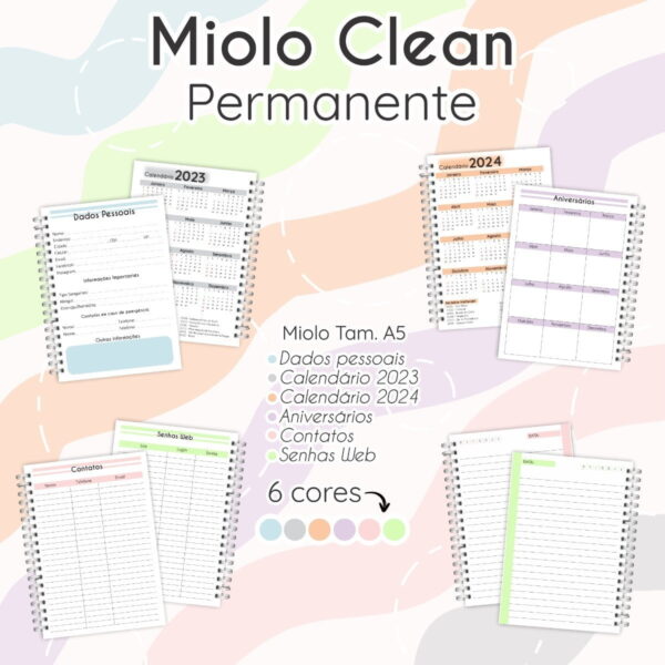 Combo Encadernação Miolo Clean Agenda Permanente 6 Cores
