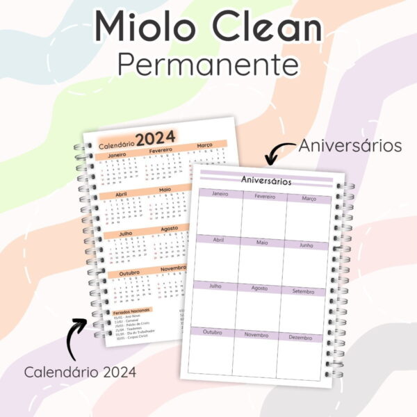 Combo Encadernação Miolo Clean Agenda Permanente 6 Cores