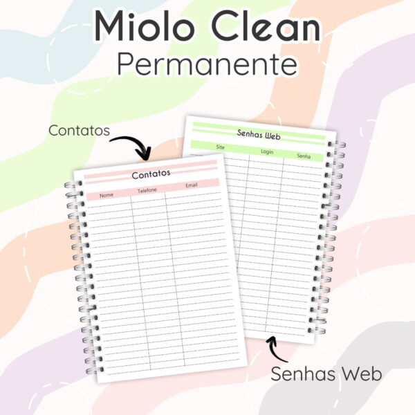 Combo Encadernação Miolo Clean Agenda Permanente 6 Cores