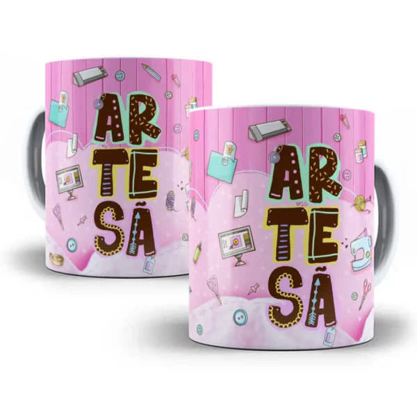 Design Caneca Rosa com Tema de Artesanato