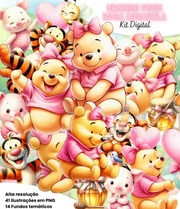 Designs Para Festas Kit Ursinho Pooh Rosa Aquarela Png