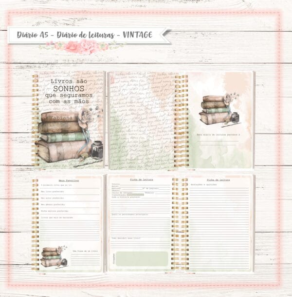 diario de leitura vintage arquivo digital papelaria digital
