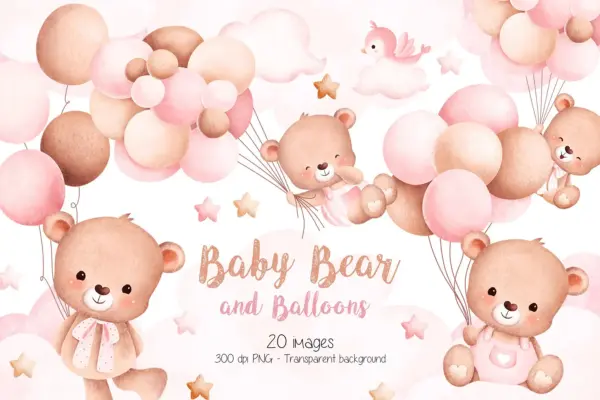 Digital Clipart Ursinho E Baloes Rosa Baby Shower 4