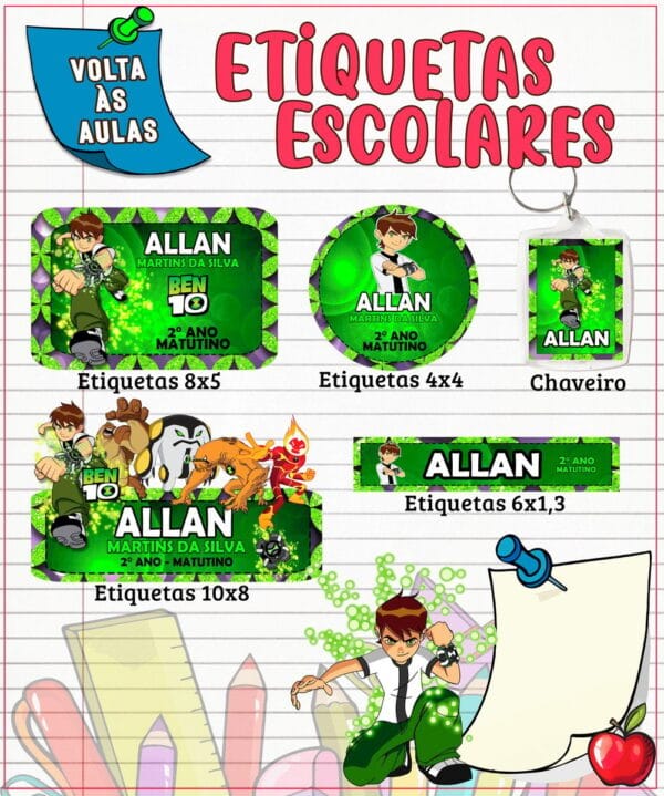 etiqueta escolar ben 10 arquivo digital pack volta as aulas