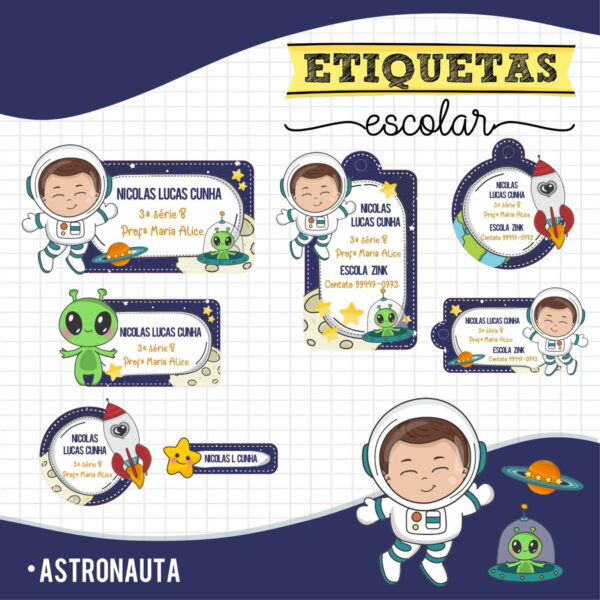 etiqueta escolar menino astronauta arquivo digital escola