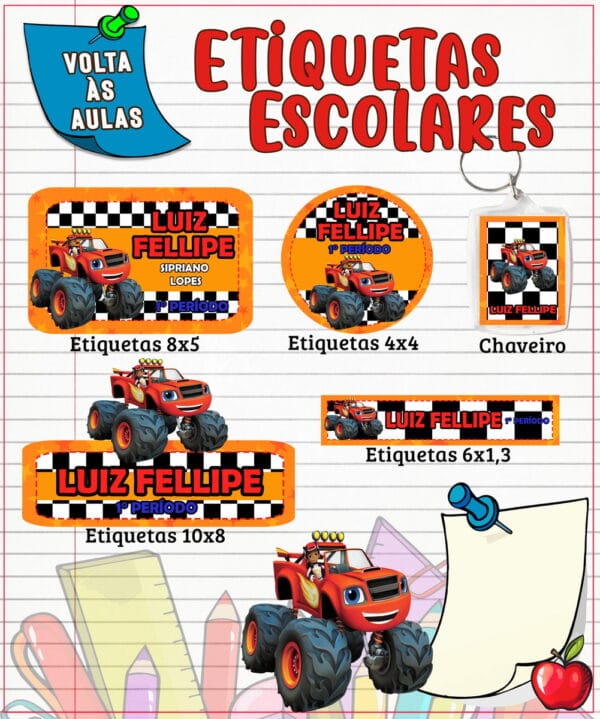 etiqueta escolar monster machine arquivo digital adesivos
