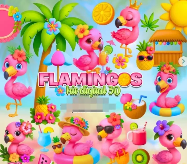 Flamingos Charmosos em Kit Digital PNG para Sublimação