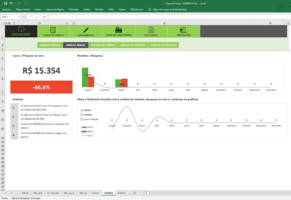 Fluxo Caixa Diário Excel Receitas Despesas Realizado X Metas