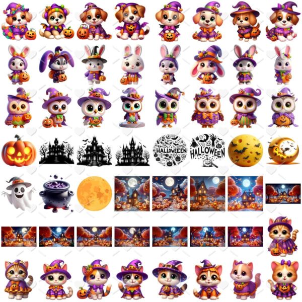 Ilustrações Animais Fofinhos Halloween Png Baby Kit Digital