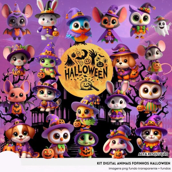Ilustrações Animais Fofinhos Halloween Png Baby Kit Digital