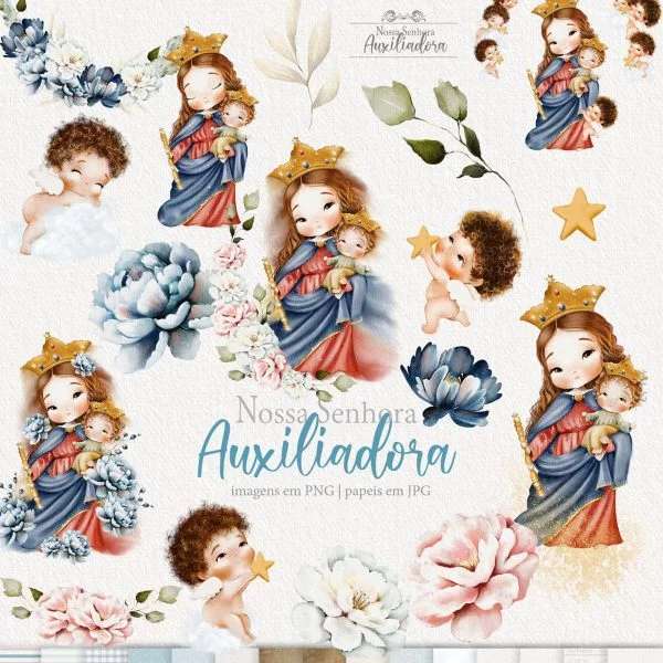 Ilustrações Aquarela Nossa Senhora Auxiliadora Kit Digital