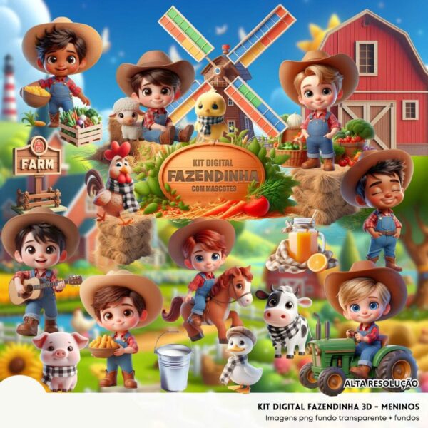 Ilustrações Fazendinha Menino Cute 3D Fofo Imagens Png