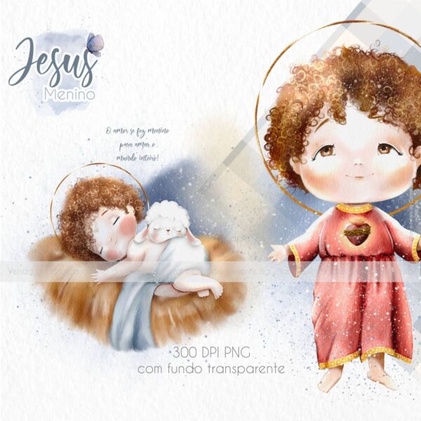 Ilustrações Jesus Menino Kit Digital Santinhos em Aquarela