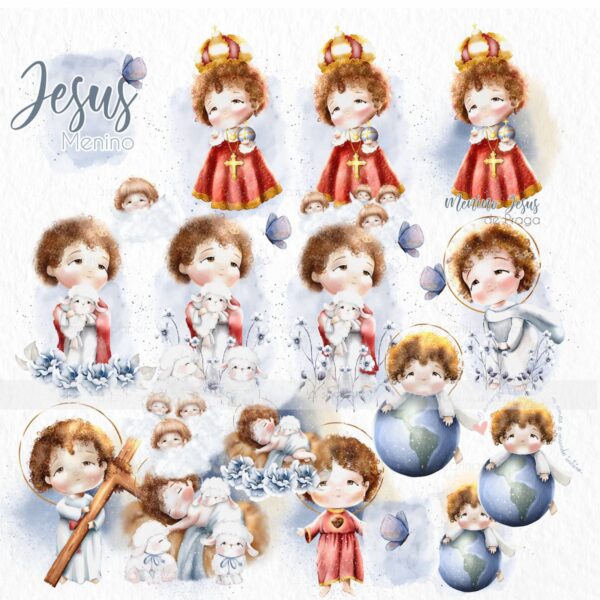 Ilustrações Jesus Menino Kit Digital Santinhos em Aquarela