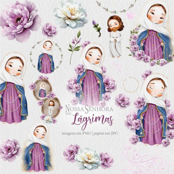 Ilustrações Nossa Senhora das Lágrimas Kit Digital Aquarela