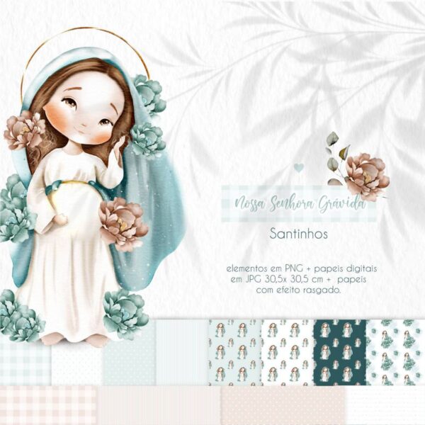 Ilustrações Nossa Senhora Grávida Kit Digital Santinhos Png