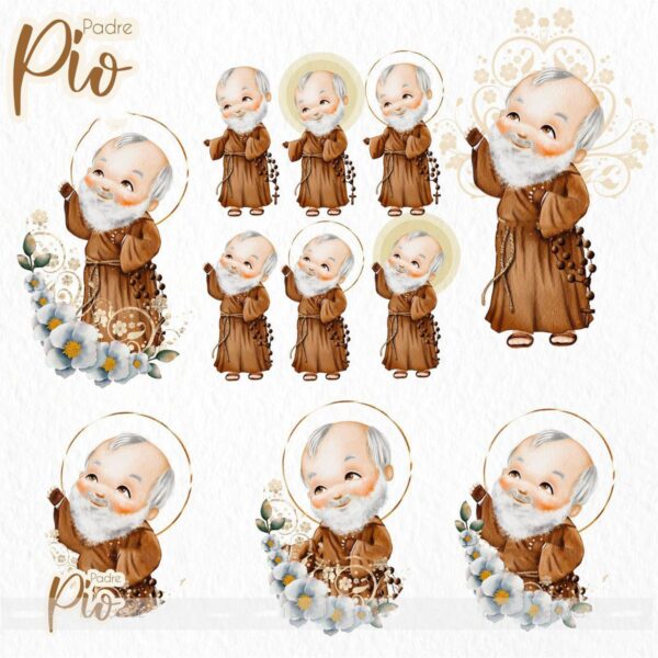 Ilustrações Png Padre Pio Kit Digital Santinhos Aquarelados
