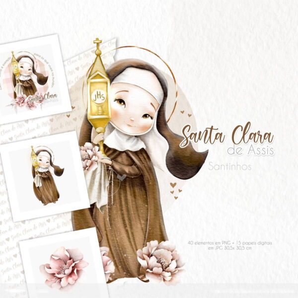 Ilustrações Png Santa Clara de Assis Kit Digital Santinhos