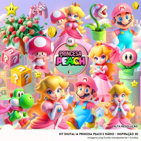 Ilustrações Princesa Peach e Mário Png Baby Fofo Kit Digital