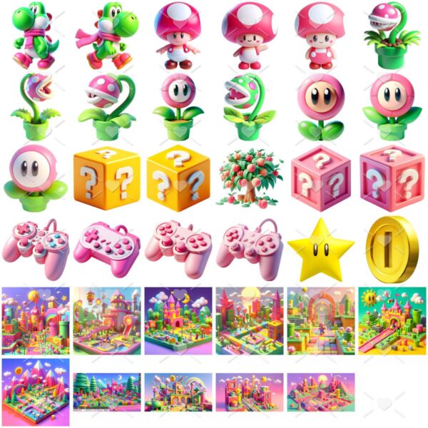 Ilustrações Princesa Peach e Mário Png Baby Fofo Kit Digital