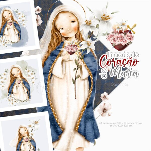 Imaculado Coração de Maria Kit Digital Santinhos em Png