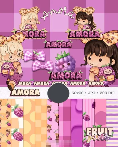 Kit Arte Digital Boneca Amora com Frutas Estilo Aquarela