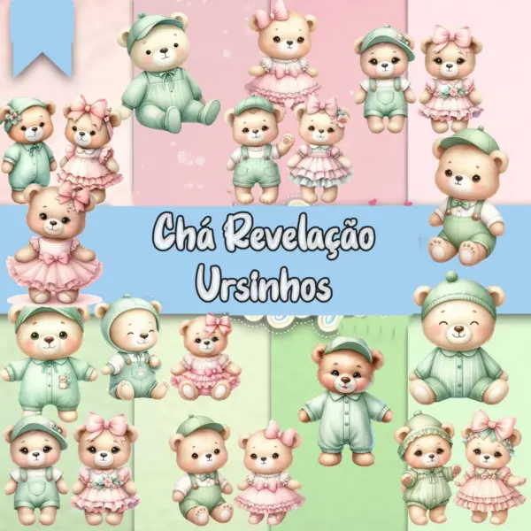 Kit Cha Revelacao Ursinhos Fofos Em Verde E Rosa Png