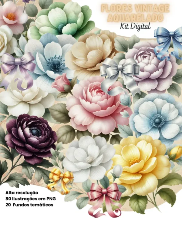 Kit Completo de Flores Vintage para Sublimação em PNG